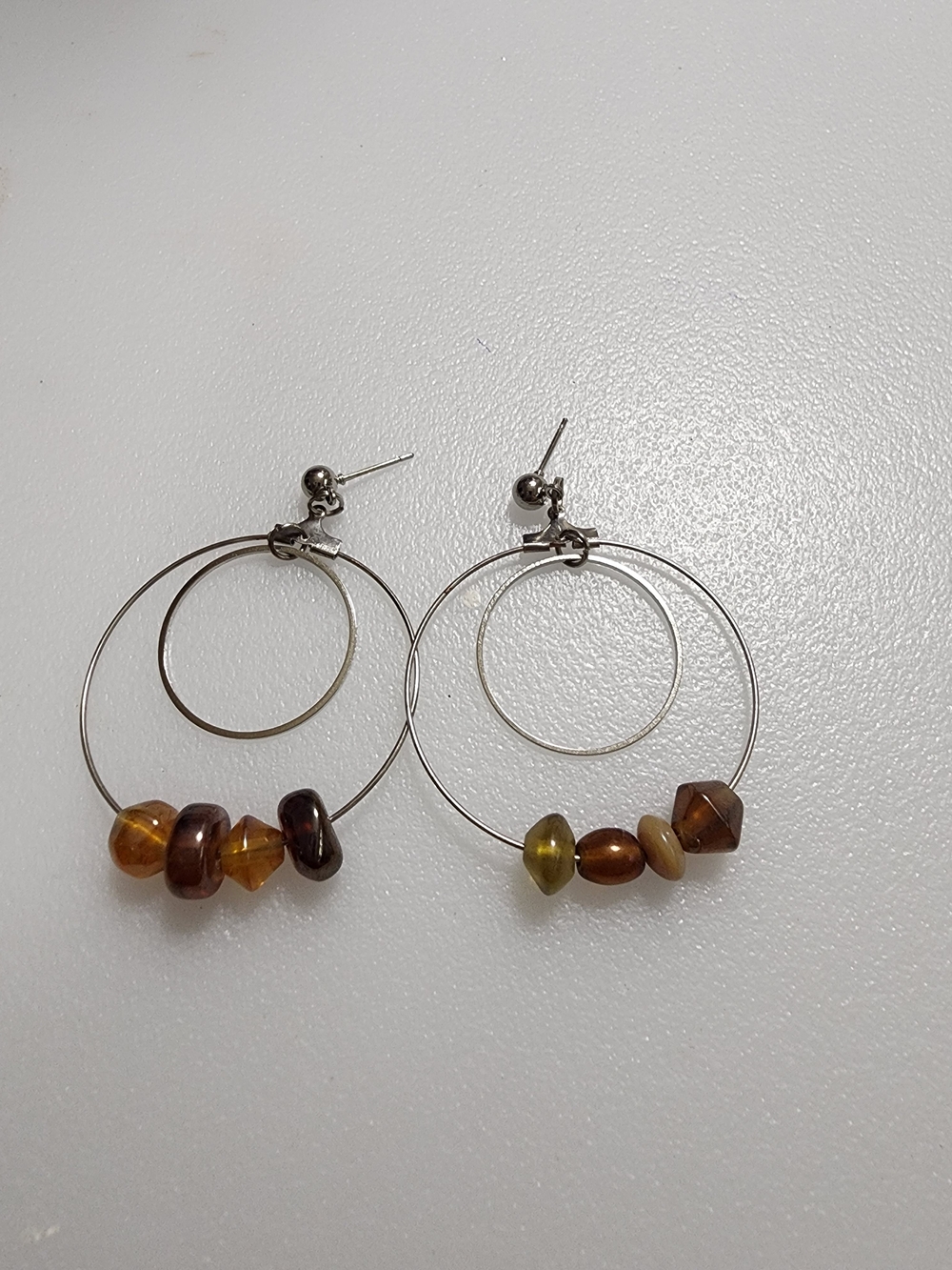 Silver Hoop Earrings with Amber Glass Beads